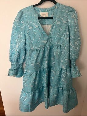 Pomander Place Aqua Floral Mini Dress with Puff Sleeves